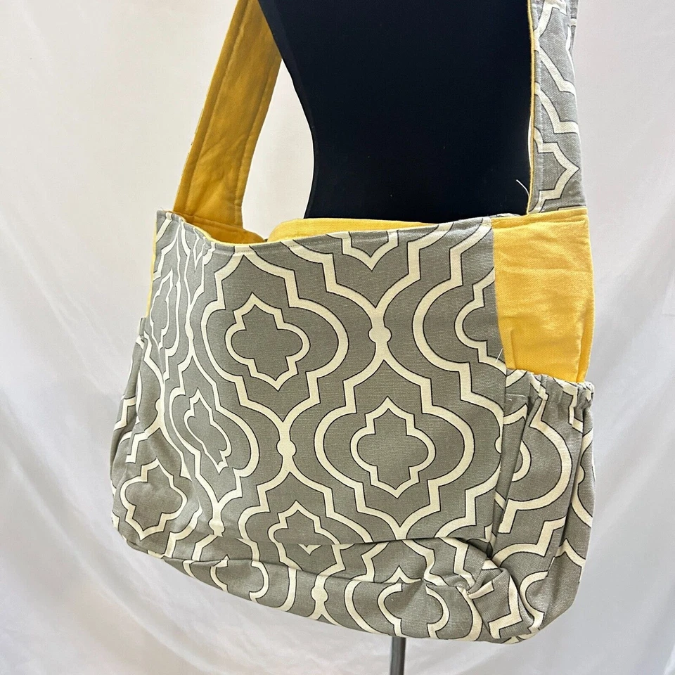 Bolso de hombro o pañales hecho a mano gris tapiz enrejado marroquí amarillo Foto 3 de 4