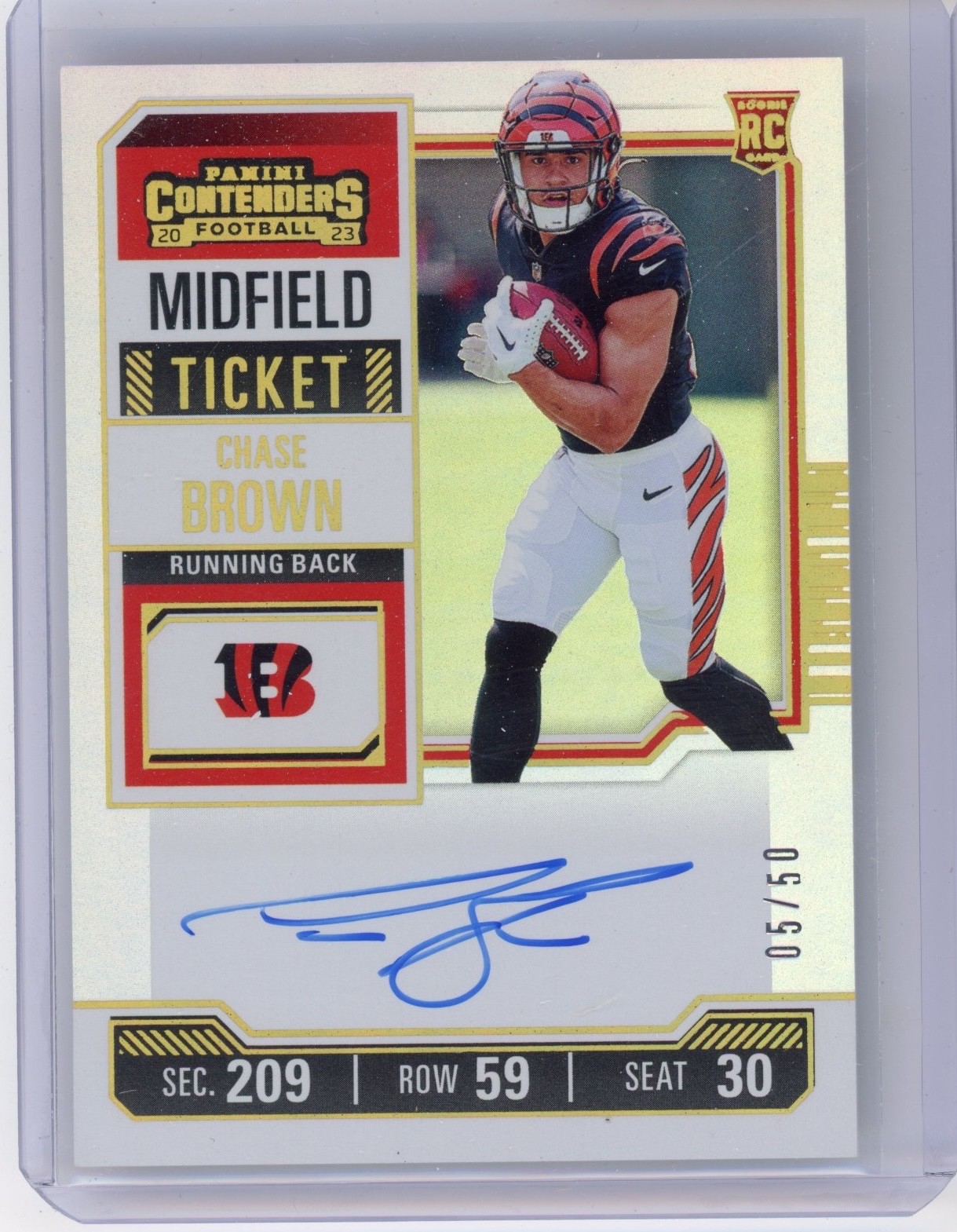 2023 Panini Contenders Midfield Ticket Orange Chase Brown RC Auto SSP #5/50