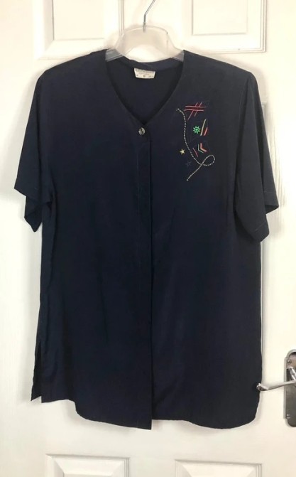 Vintage Sommermann Germany Blue Short Sleeve Embroidered Blouse Size 14 uk