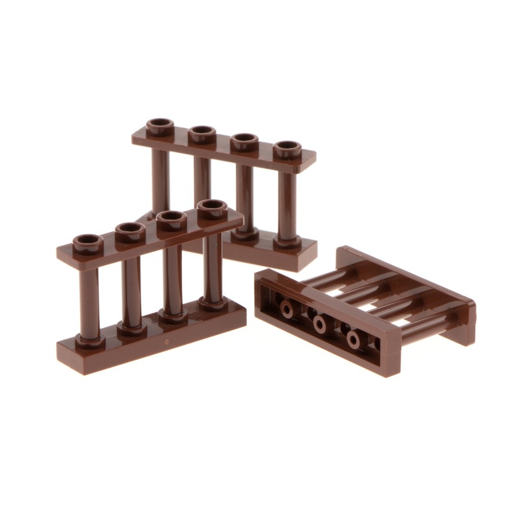 3x Lego Fence 1x4x2 Red Brown Gate Barrier 4 Spindles Studs Empty 15332