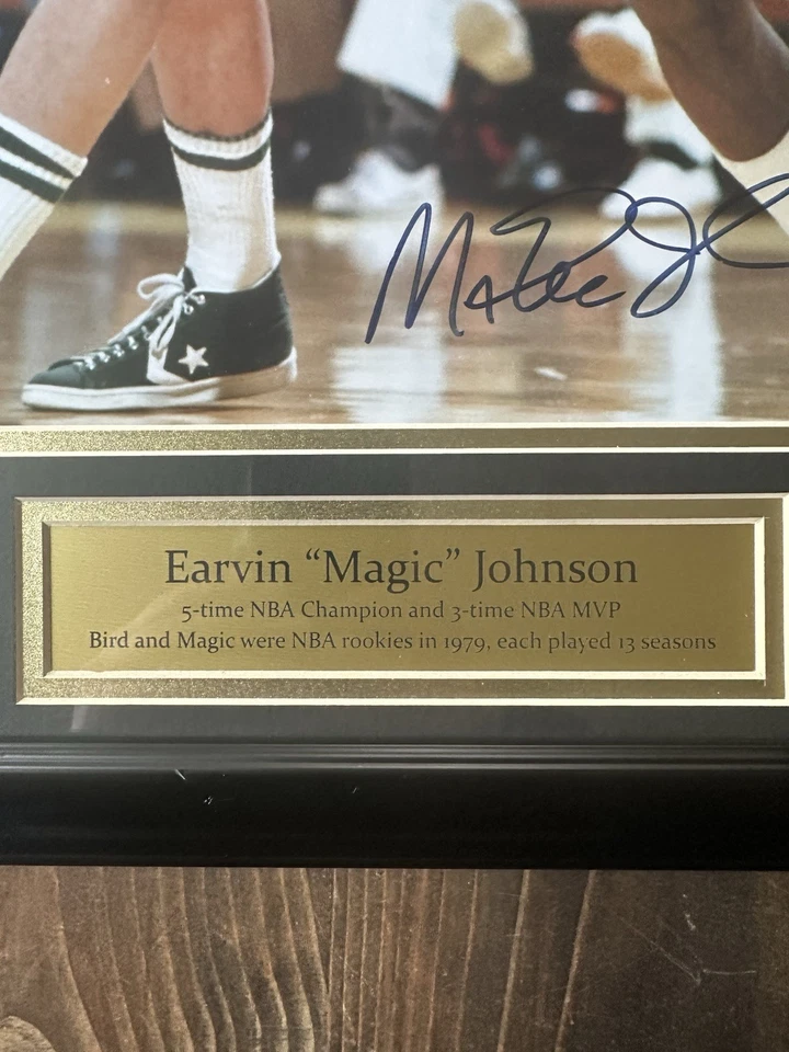 Magic Johnson Autographed/Signed 16x20 Photo w/ Larry Bird - Framed 22x26  - Image 3 of 4