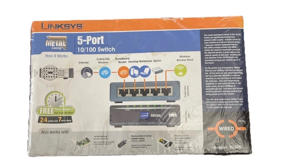 CISCO Linksys SD205 5-Port 10/100 Network Switch w/ Power Supply. New & Sealed - Image 2 of 4