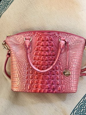 Brahmin Pink Croc Embossed Satchel Top Handle Zip Detachable Strap Gold Hardware