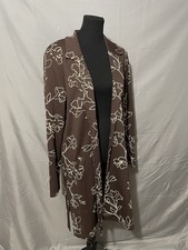 Long Cardigan Duster Brown W/Beige Floral Outlines Open Front with Pockets Sz L