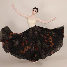 Women Black Floral Chiffon Dance Skirt Flowing Ballroom Lyrical Practice Skirt