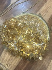 Vintage Beaded Sequin Evening Bag Purse Gold/Yellow Kiss Lock Gold Chain