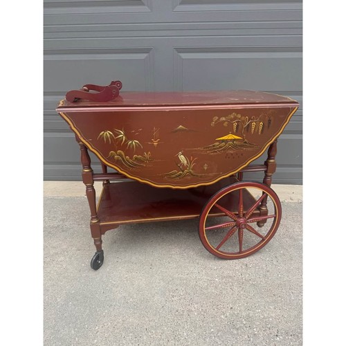 Mid Century Modern Chinoiserie Vintage Drop Leaf Wheeled Tea Trolley Bar Cart