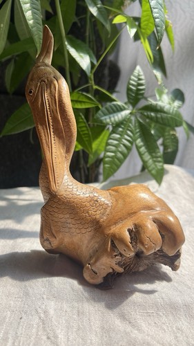 Vinatge Wooden Pelican Natural Exquisite Wood Carving Sculpture About 10’’
