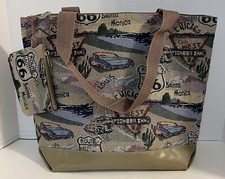 Route 66 VTG Tote Bag w/Clutch Green Tapestry Graphic Landmarks 17x11 Zip