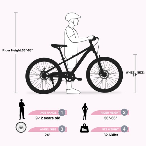 Mountain Bike, 24 Inch MTB Bicycle for Boys and Girls Age 9-12 Years, Pink - Picture 5 of 5