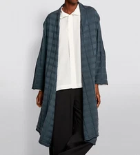 NWT Eskandar BLUE METAL RECTANGLES CABLE STITCH Cashmere Silk 44"Long Cardigan