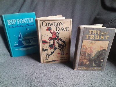 3 Antique Vintage Colorful Boys Books 1915-52 Cowboy Dave Try & Trust Rip Foster