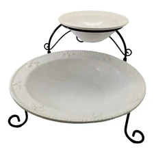 2 Tiered White Ceramic Chip and Dip Set w Stand Embossed Poinsettia READ!!