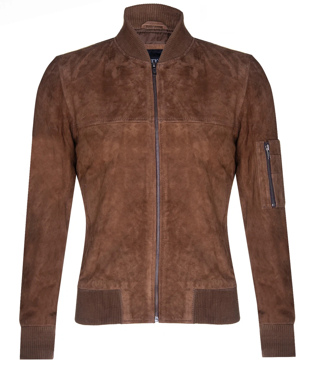 Mens Tan Brown Goat Suede Bomber Jacket Real Genuine Leather MA 1 Varsity Retro