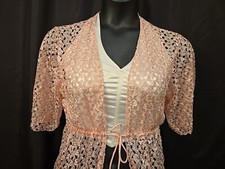 Sz M Stylish Beach Cover Up Swim Pink Nylon Open Weave 3/4 Sleeve Kimono New