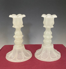 Antique Pair of Clambroth Boston Sandwich Glass Petal and Loop Candlesticks 7
