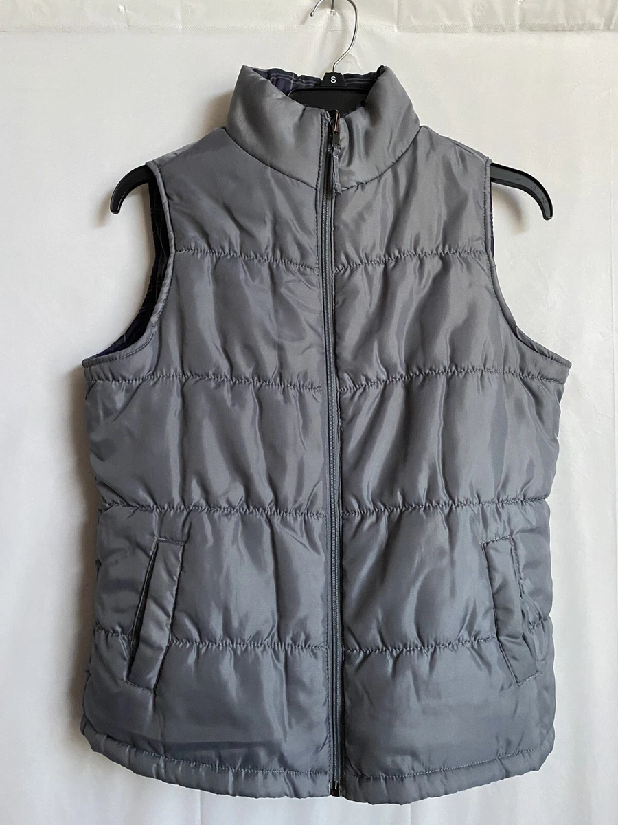 Merona Womens Reversible Puffer Vest Grey Purple Plaid Small