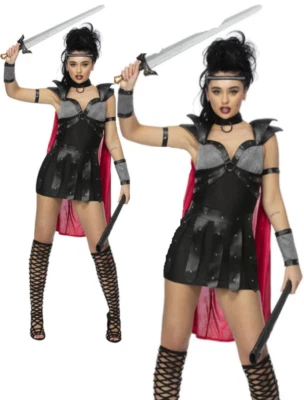 Smiffys Fever Black Gladiator Damen Römer-Krieger Mittelalter Komplettkostüm - Bild 1 von 2