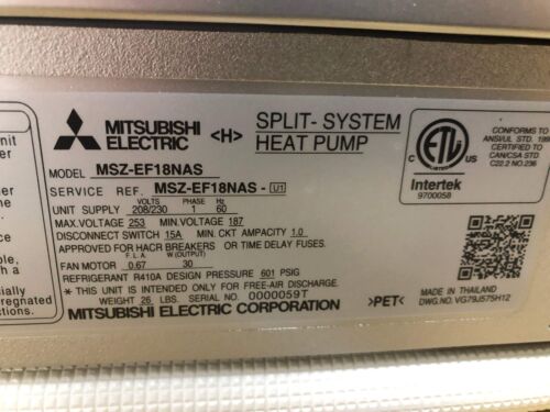 MITSUBISHI MSZ-EF18NAS 18,000 BTU INDOOR HEAT PUMP DC INVERTER MINI SPLIT UNIT - Picture 4 of 7