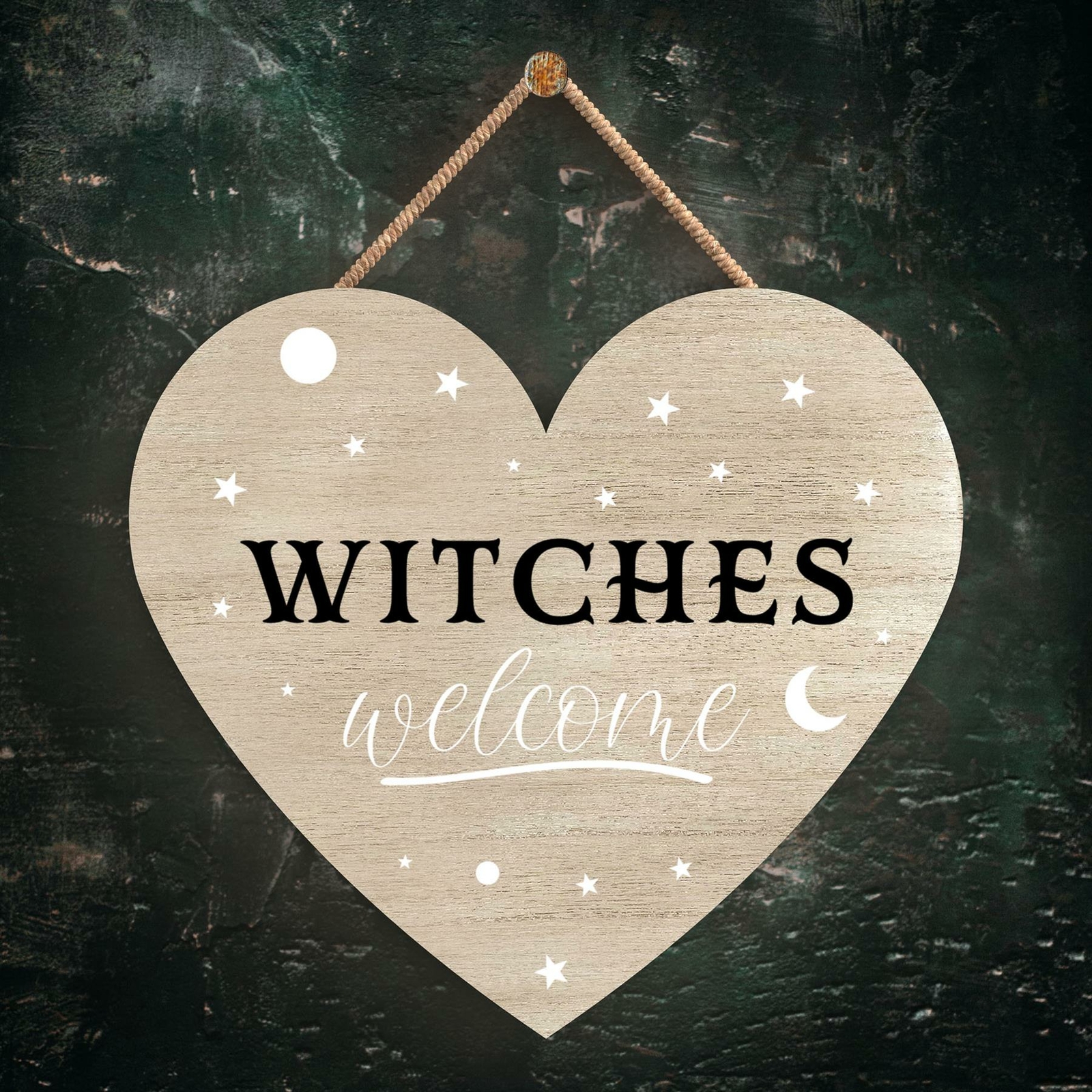 WITCHES WELCOME HEART SHAPED WITCHCRAFT THEMED HALLOWEEN WOODEN HANGING PLAQUE