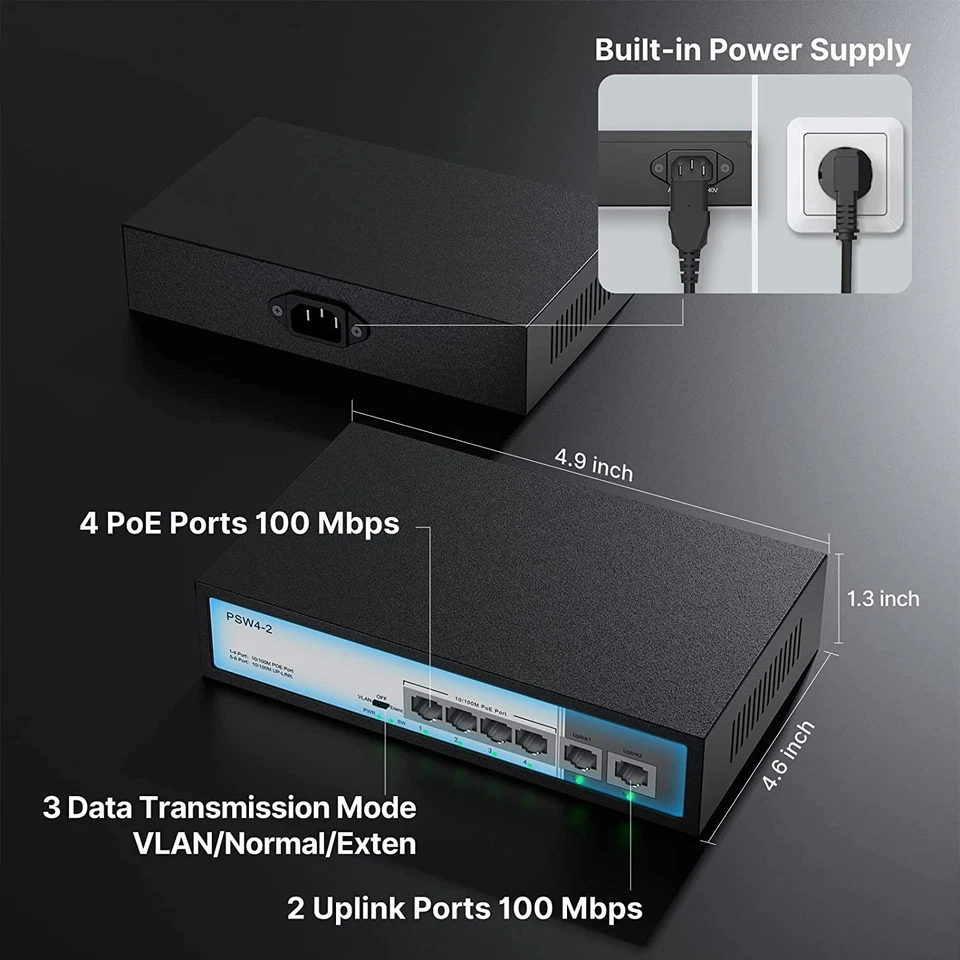 4 Port PoE Switch with 2 Ethernet Uplink, Extend Function Max Output 65W, 803.af - Image 2 of 4