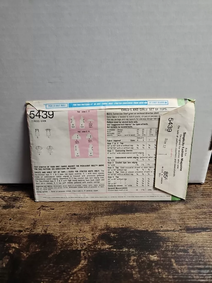 Simplicity Pattern 5439 ~ Girls Stretch Knit Tops in Four Great Styles Size 12  - Image 2 of 2