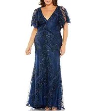 NWT, Mac Duggal Navy Vintage Flutter Sleeve Evening Gown Size 16W #MD1098