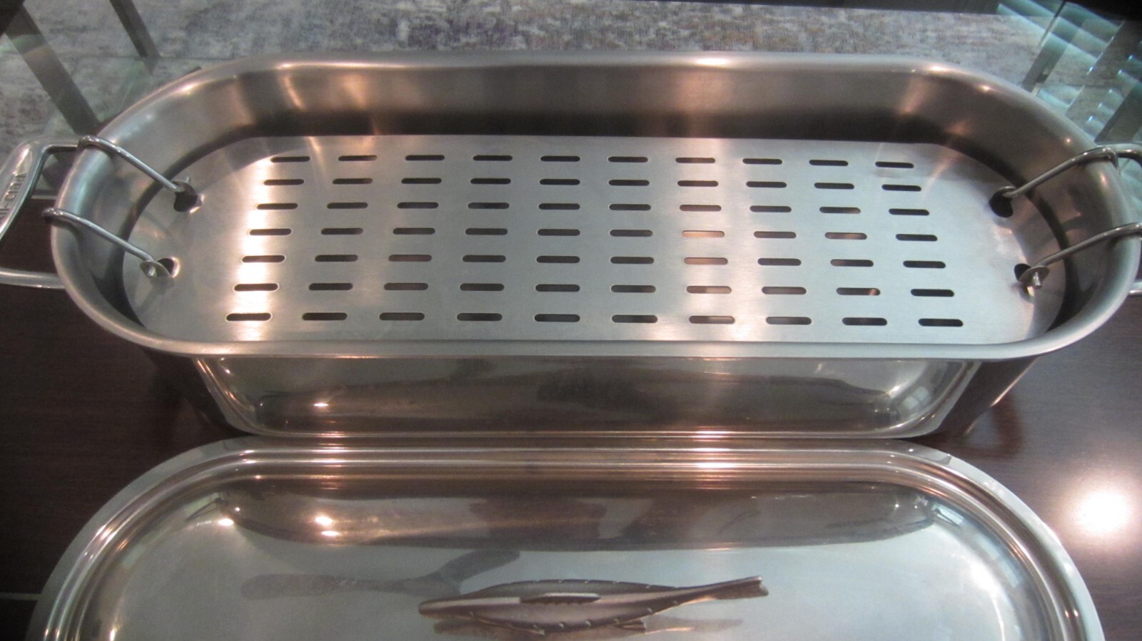 nice ALL CLAD STAINLESS FISH POACHER Pot + Lid + Rack oven stove 18"X7