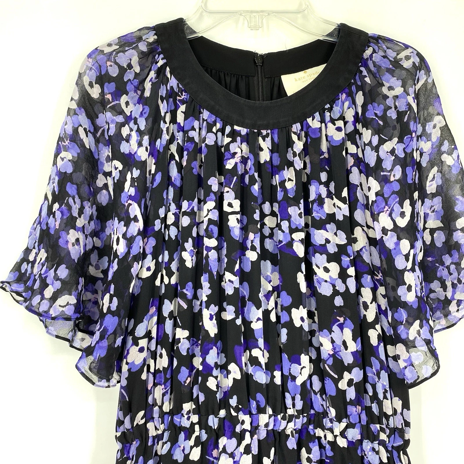 Abito Kate Spade piccolo ortensia chiffon seta viola nero manica corta