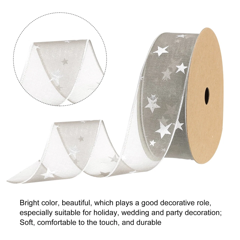 1.6 Inch 20 Yard Star Organza Sheer Ribbon Printed Grey for Gift Wrapping - Image 3 of 4