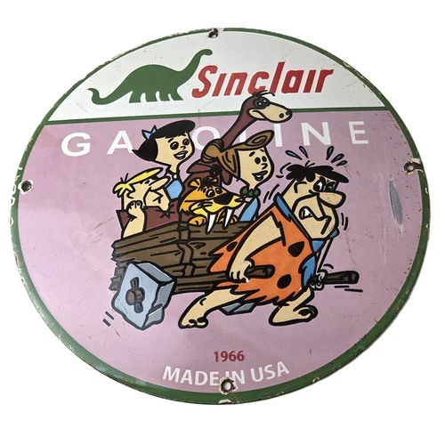 Vintage Sinclair Porcelain Sign - Flintstones Cave Man Gasoline Gas Station Sign