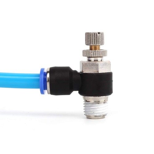 JSC1/4-N02 Tubo 1/4" OD x 1/4 NPT 90 Gradi Gomito Valvola Controllo Flusso Aria Spinta... - Foto 2 di 5