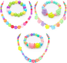 Toddler Necklace Bracelet, 3 Sets Kids Jewelry for Girls Colorful Beads, Costume