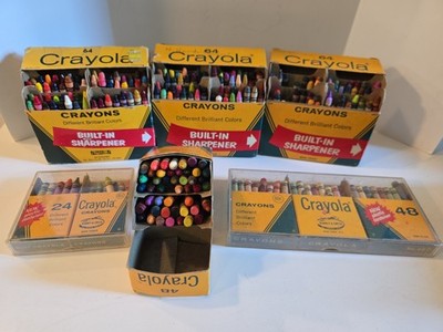 Vintage Lot Of 6 Crayola Crayon Boxes Plastic Containers Sharpener Used Mixed