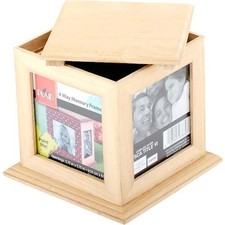 Plaid Lazy-Susan Bare Wood Memory Box Cube with Picture Frames