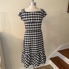 Ann Taylor Dress Women’s 8 Black White Gingham Check Ruffle Midi Fit Flare