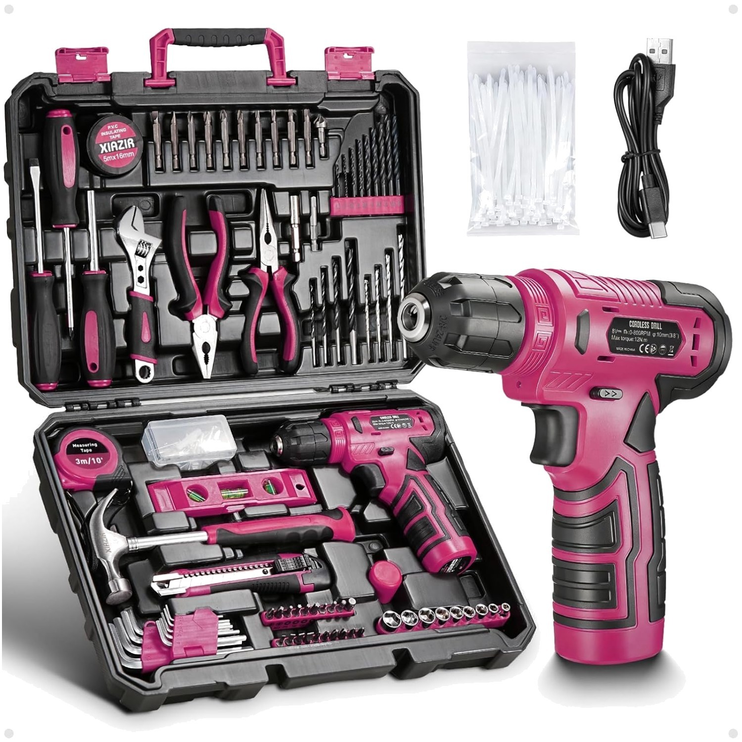 Set utensili 233 pezzi con trapano batteria, cassetta fai-da-te, accessori