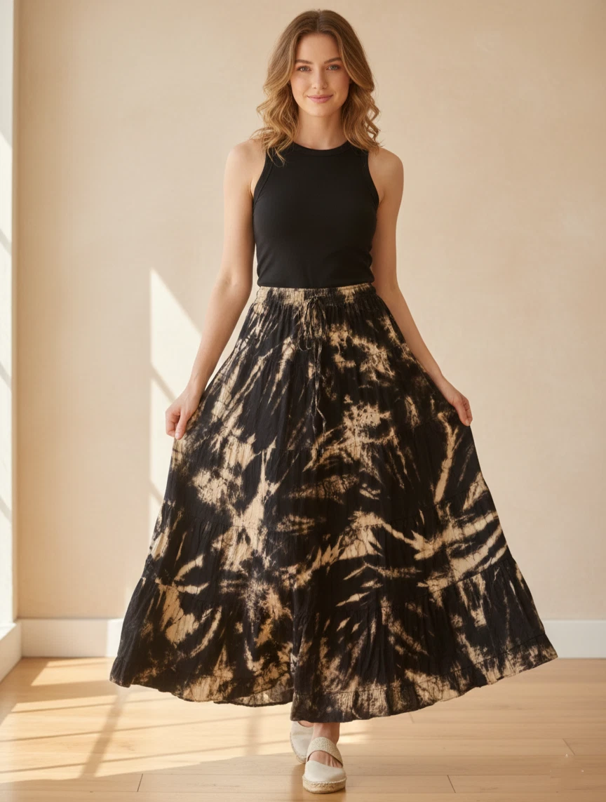 Tie-Dye Maxi Skirt Heavy Cotton Boho Gypsy Tiered Style Thailand Elastic Waist
Opens in a new window