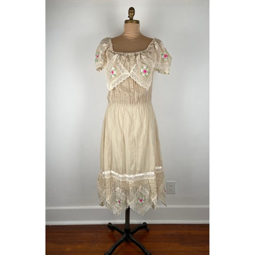 VTG Mexican Peasant Dress Handkerchief Embroidered Lace Midi Boho L/XL DAMAGED
