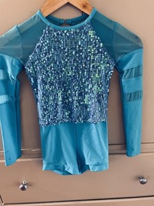 Weissman Girls M Dance Leotard Iridescent Sparkle Short Jazz Long Sleeve Blue