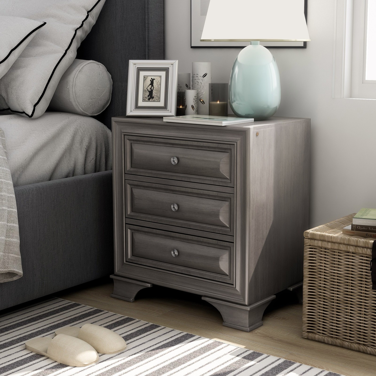 Oslo Traditional Wood Nightstand with USB Charging and 3 Drawers  