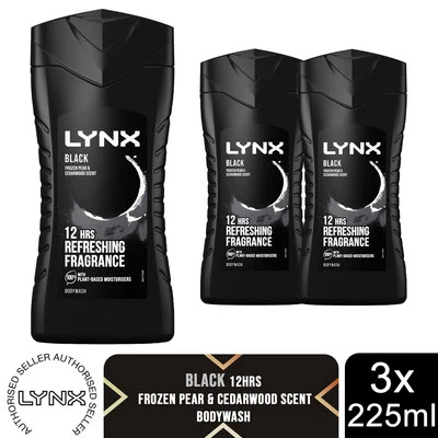Lynx Black 12-H Refreshing Fragrance Shower Gel Body Wash for Men 3x225ml