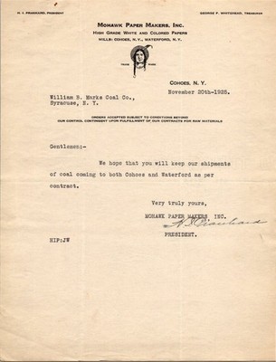 1925 Mohawk Paper Makers Inc. Coal Shipment Letter Cohoes Waterford NY Ephemera