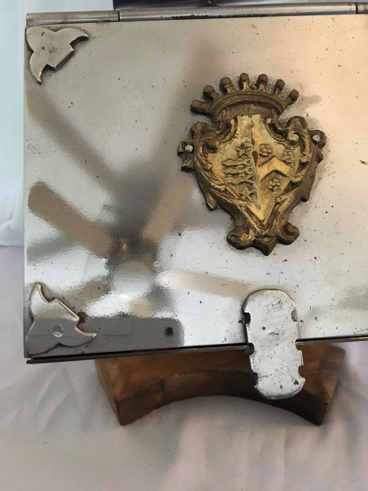 Suporte de escrita italiano antigo ornamentado ferro latão aço madeira - Imagem 3 de 4