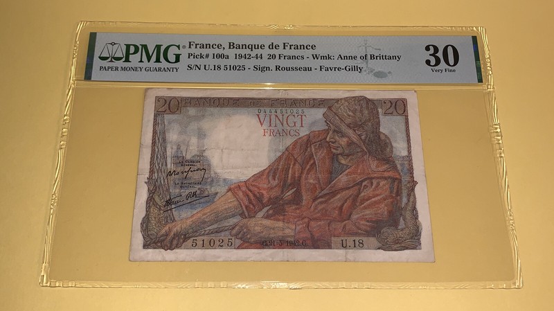 PMG France, Banque de France 20 Francs Banknote 1942 VF30 p100a Pinholes