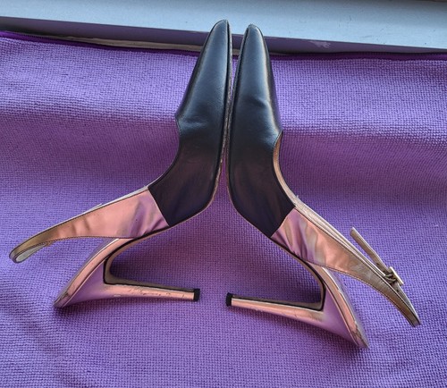 VTG 90s KATE SPADE NY GOLD BLACK ITALIAN LEATHER SLINGBACKS 3 1/4" FREE SHIPPING - Picture 3 of 4