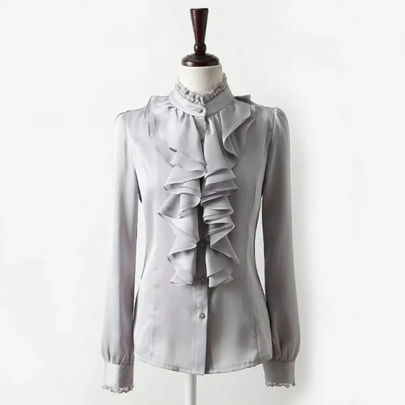 Lady Silk Like Office Shirt Ruffle Frill Drape Front Blouse Top Long Sleeve Grey