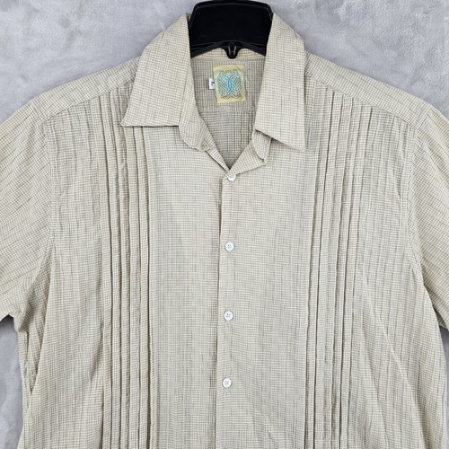 Vintage Dos Carolinas Guayabera Shirt Mens Large Beige Short Sleeve
