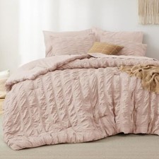 Bed in a Bag - Comforter Set 7 Pieces Plaid Seersucker Queen 01 - Dusty Rose