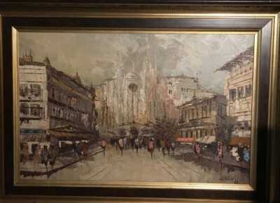 Vintage Cityscape Street Scene Impressionist Oil Painting Signed Canvas & Framed